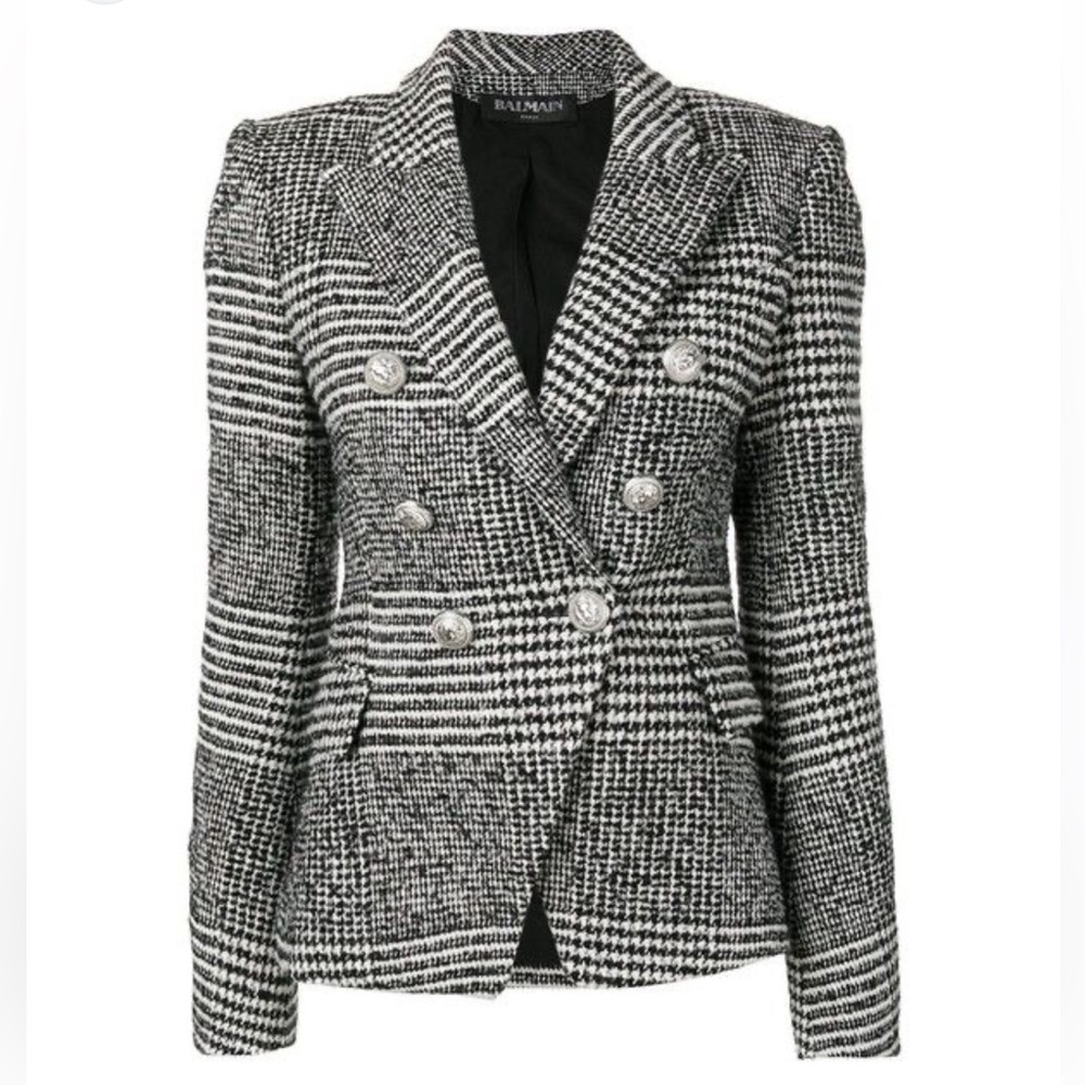 BALMAIN WOOL HOUNDSOOTH PLAID GREY BLACK BLAZER 42 (10 US)